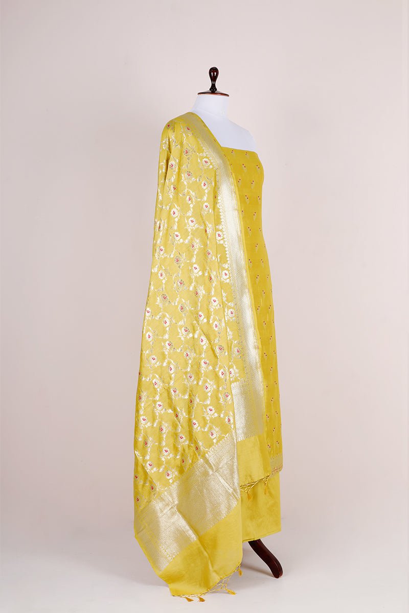 Yellow Handwoven Mulberry Silk Dress Material - Chinaya Banaras