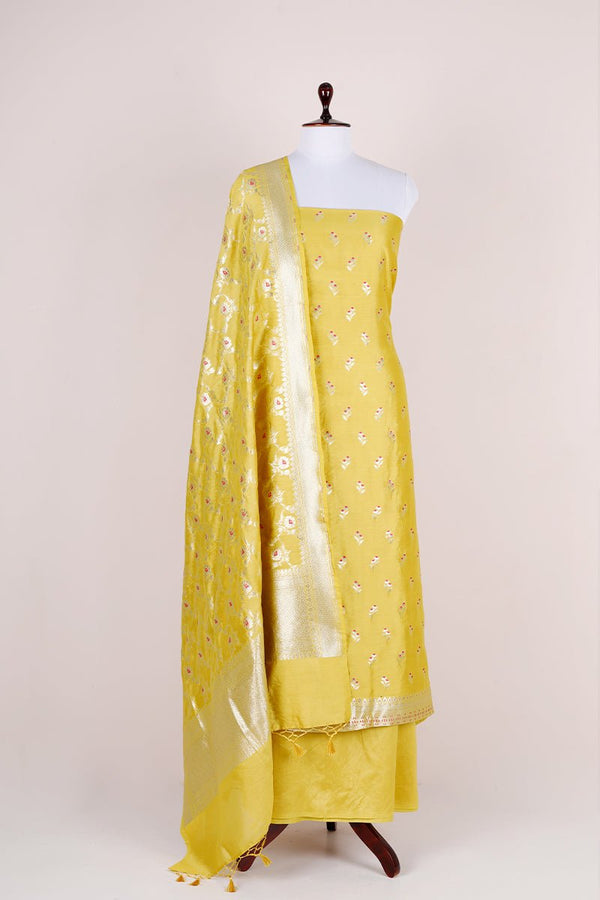 Yellow Handwoven Mulberry Silk Dress Material - Chinaya Banaras