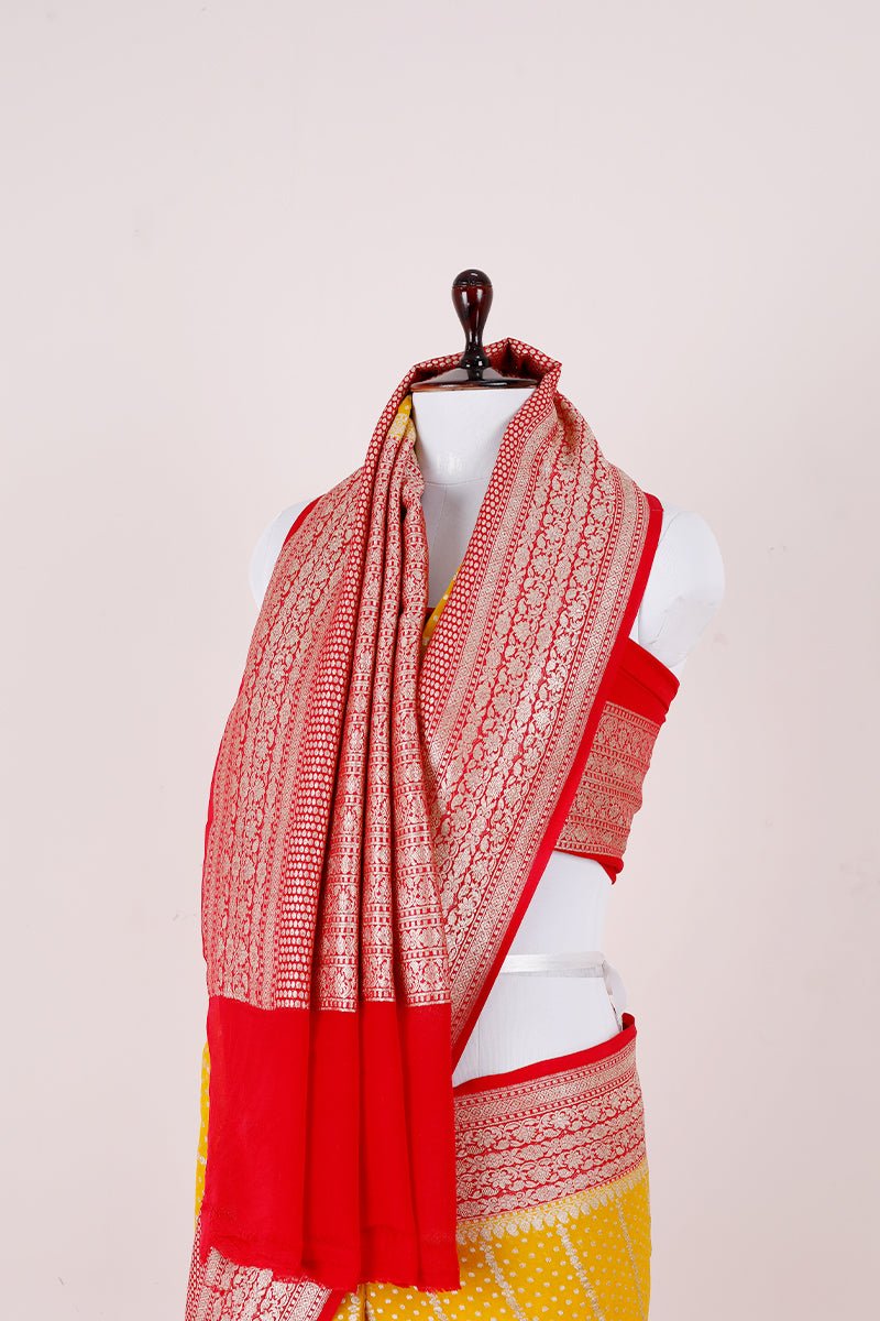 Yellow & Red Handwoven Georgette Khaddi Silk Saree - Chinaya Banaras
