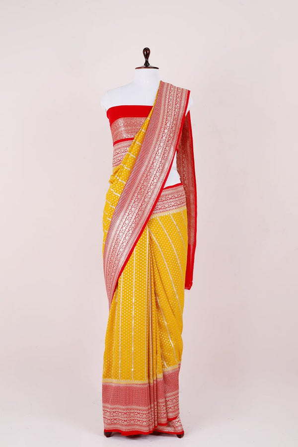 Yellow & Red Handwoven Georgette Khaddi Silk Saree - Chinaya Banaras